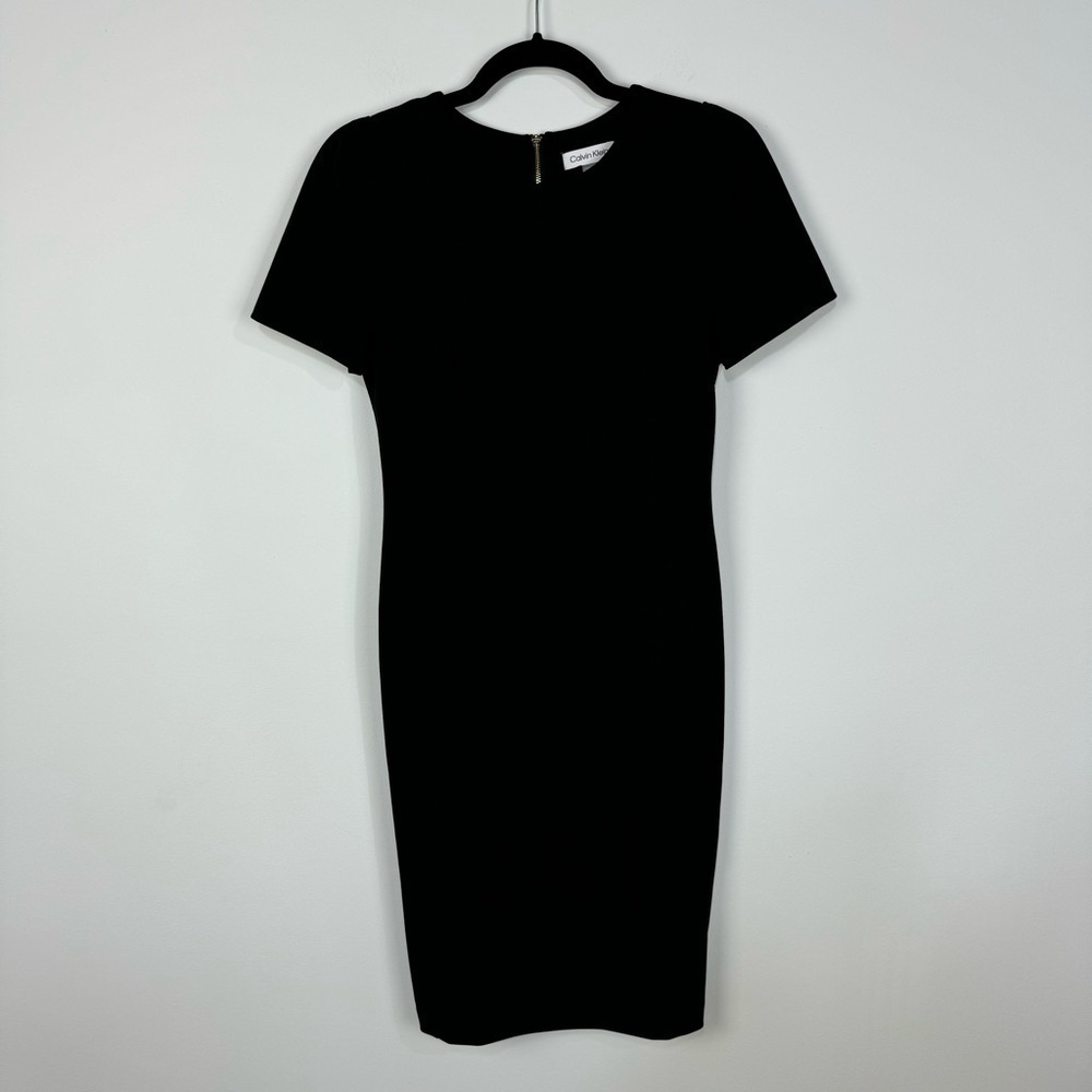 Calvin Klein Black Gold Zipper Puff Sleeve Knee Length Mini Midi Dress Office